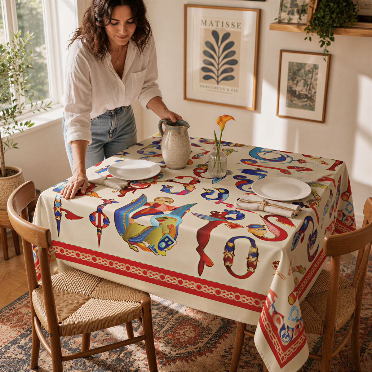 Armenian bird letter square tablecloth in cream, a woman setting a jug and plates on the table