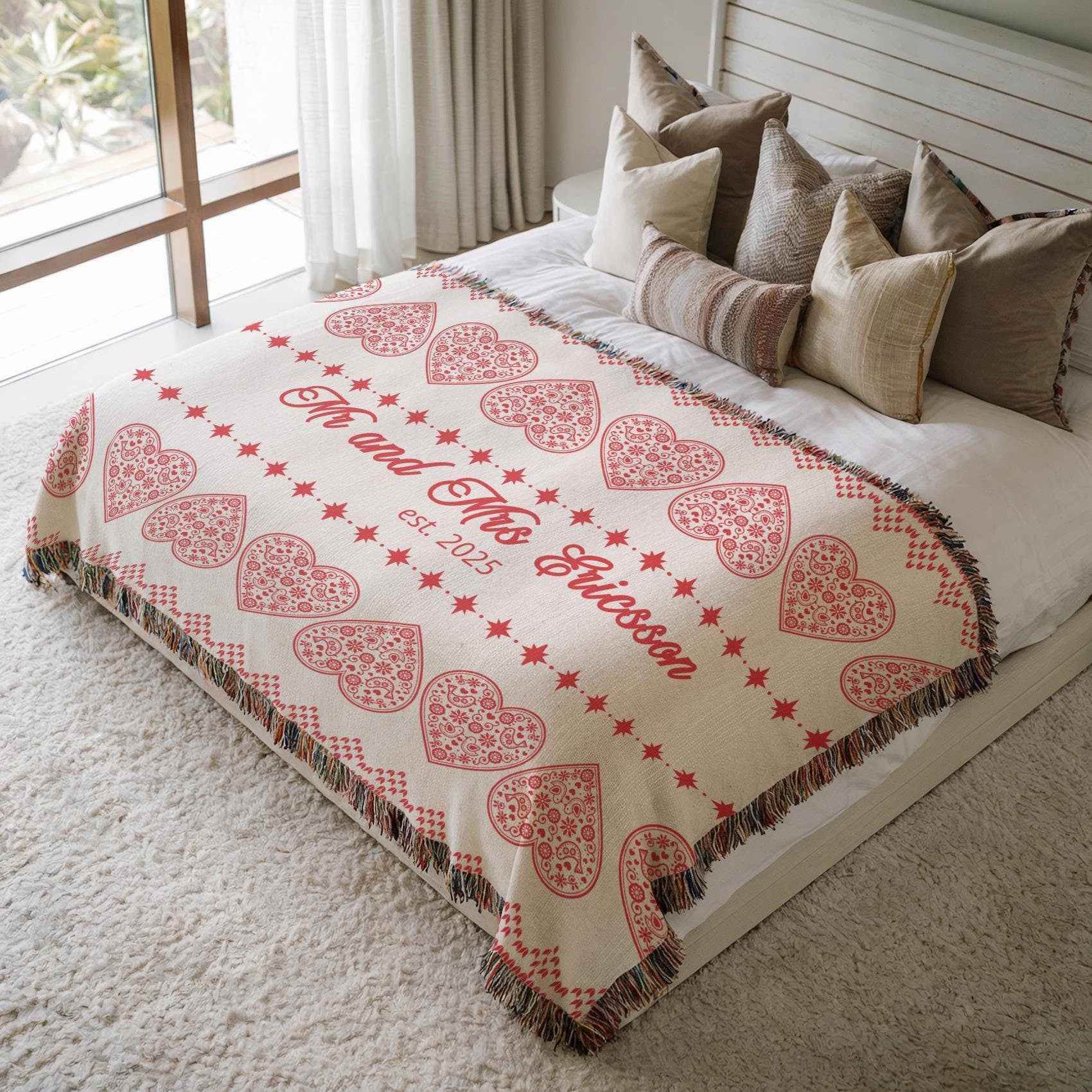 Cotton Throw Blanket - Scandinavian Throw with Red Hearts Design | Soft Cozy Decor - timelessbohochic.com