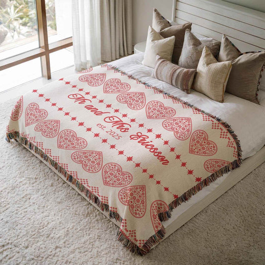 Cotton Throw Blanket - Scandinavian Throw with Red Hearts Design | Soft Cozy Decor - timelessbohochic.com