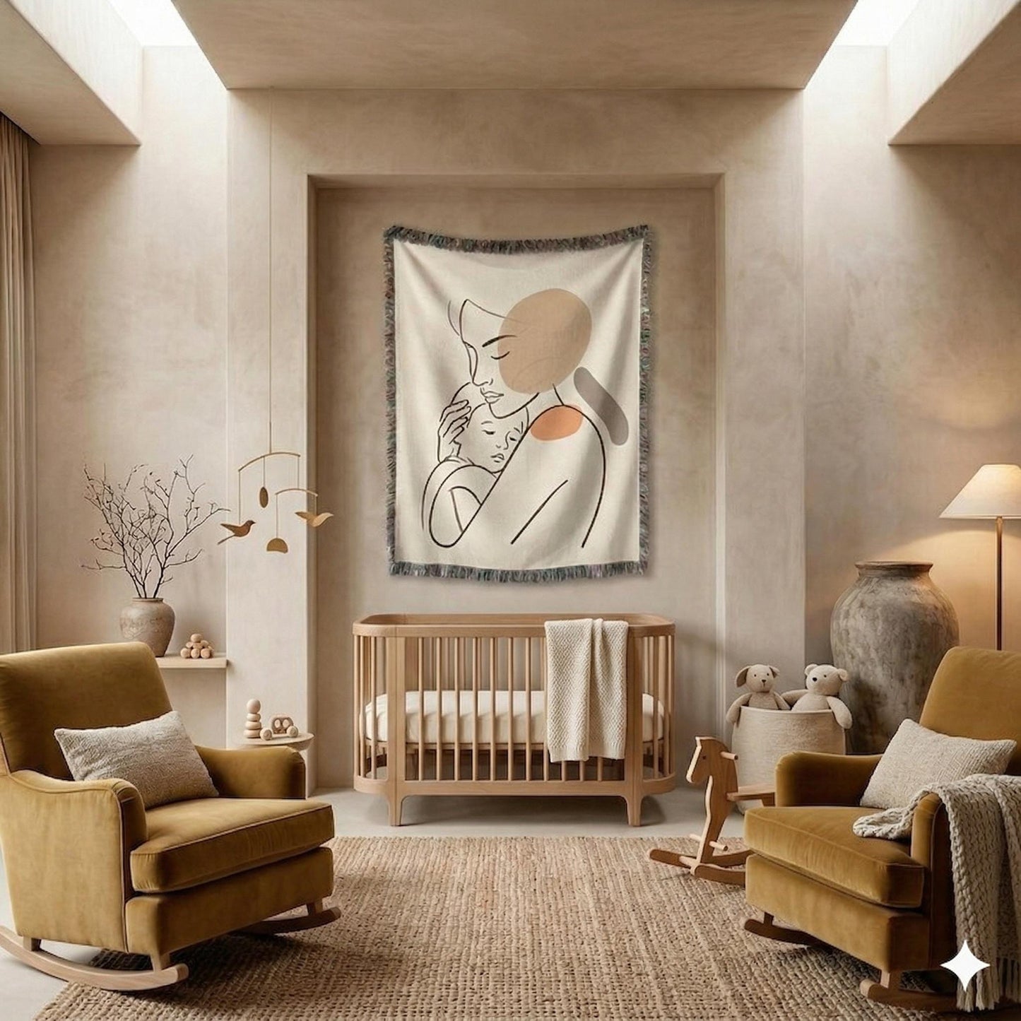 Modern Geometric woven wall tapestry with geometric pattern styled as textile wall decor