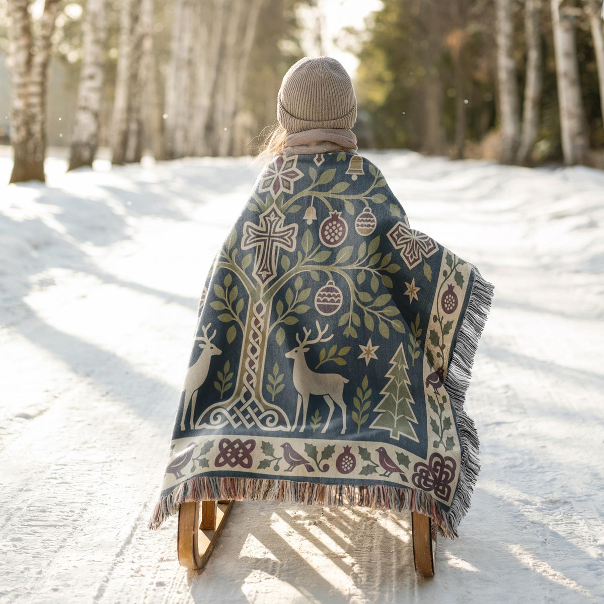 A person is sitting on a sled in a snowy forest, wrapped in a blanket with a tree design and deer motifs.