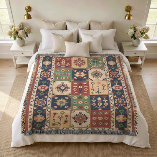 Caucasian Rug Inspired woven blanket with geometric pattern styled for layered home decor