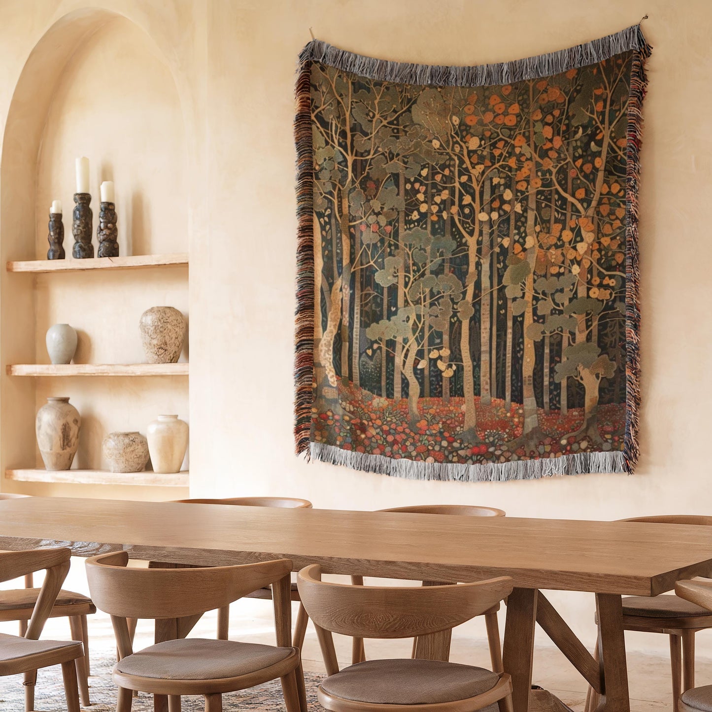 Scandinavian Inspired woven wall tapestry with rug-style pattern styled as textile wall decor