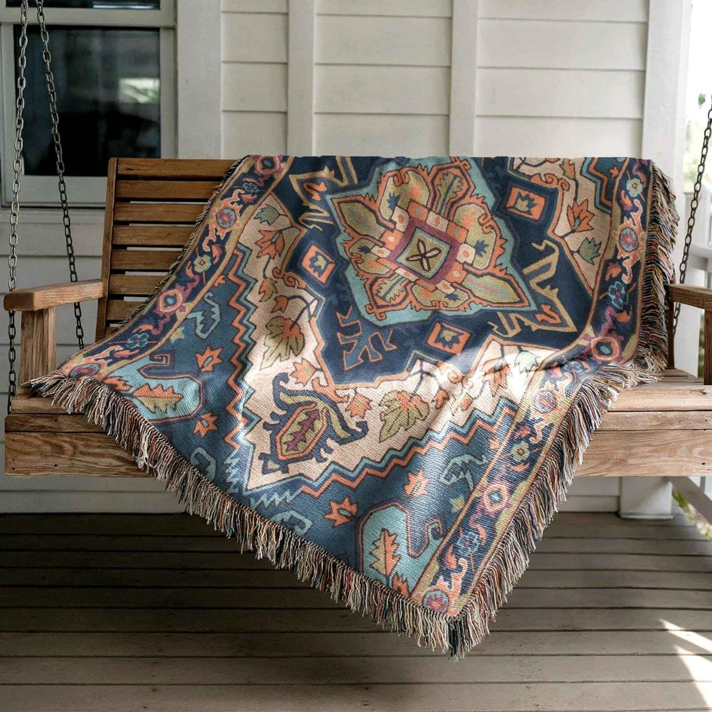 Moroccan Inspired outdoor woven throw blanket with rug-style pattern for patio styling