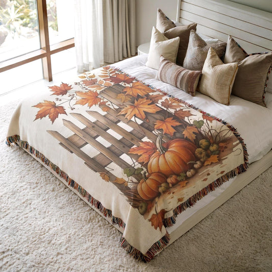 Thanksgiving Blanket, Farmhouse Design with Leaves Pumpkin and Picket Fence, Harvest Season Bedding, Fall Bed Cover, Gift for Dad Daddy Pop