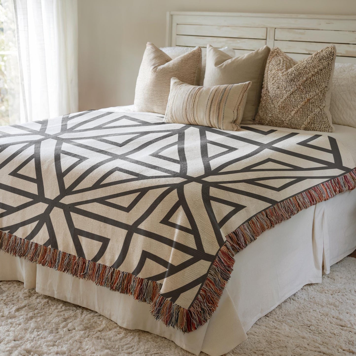 Modern Geometric woven blanket with geometric pattern styled for layered home decor