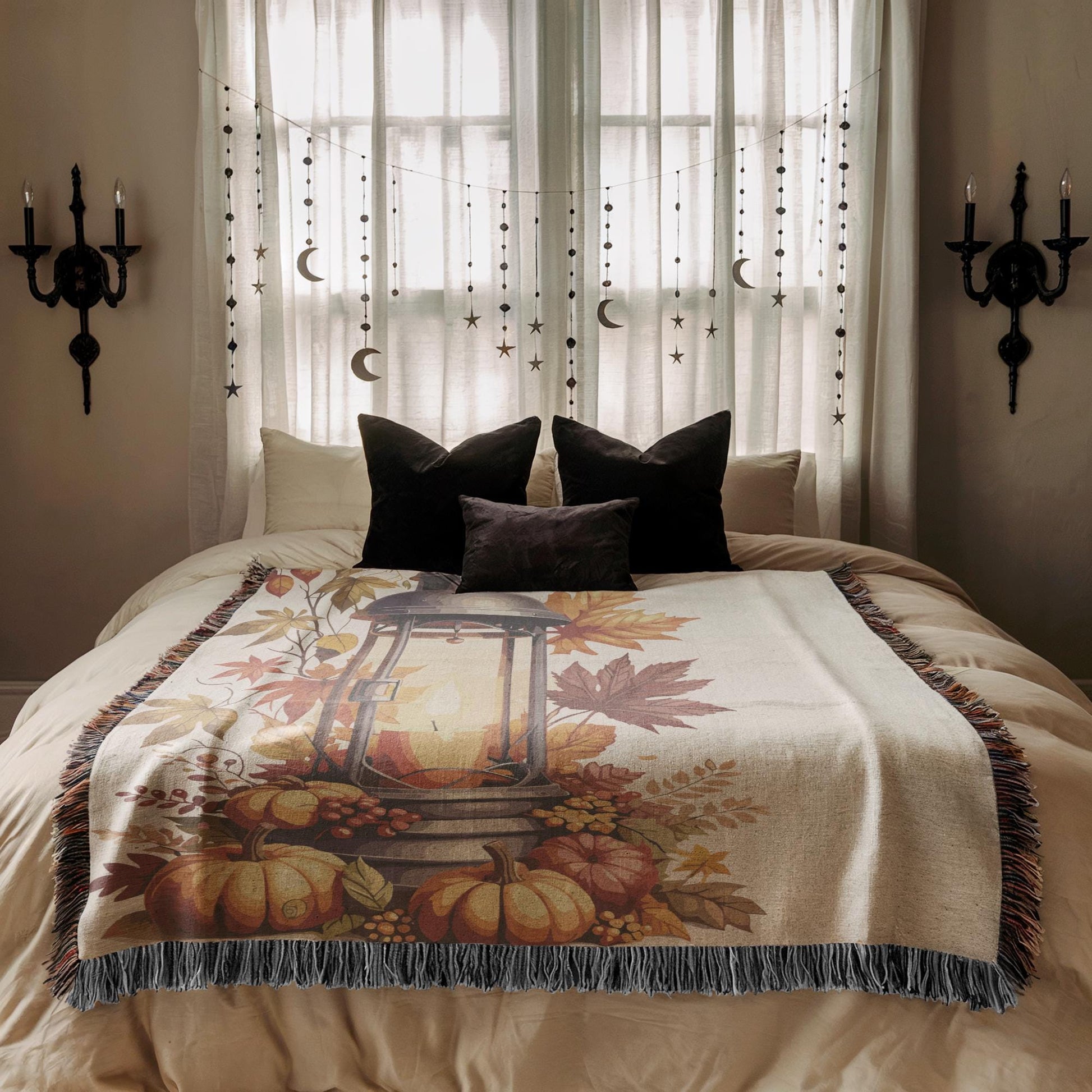 Woven Fall Blanket - Cozy Cotton Fringe Throw With Pumpkin Decor & Lantern Design