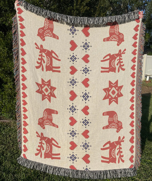 Scandi Woven Blanket – Nordic Cotton Throw With Dala Horse & Reindeer Decor