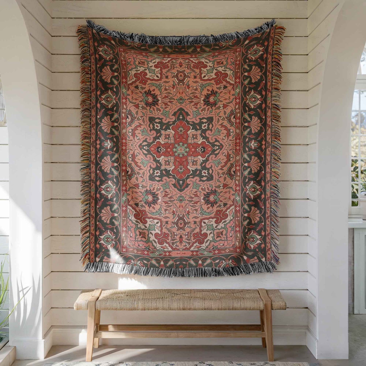Anatolian Inspired woven wall tapestry with rug-style pattern styled as textile wall decor