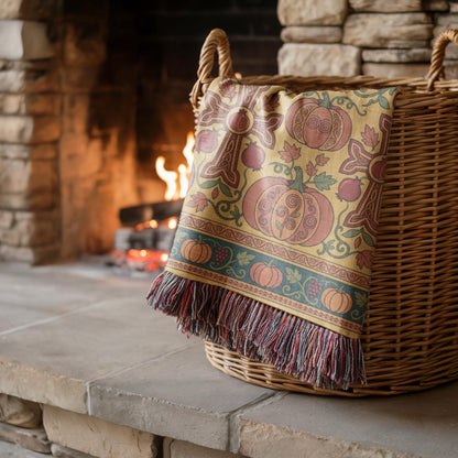 Gold and teal Armenian woven blanket folded over a wicker basket against a wall