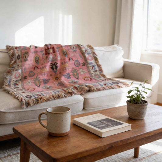 Anatolian Inspired woven blanket with rug-style pattern styled for layered home decor