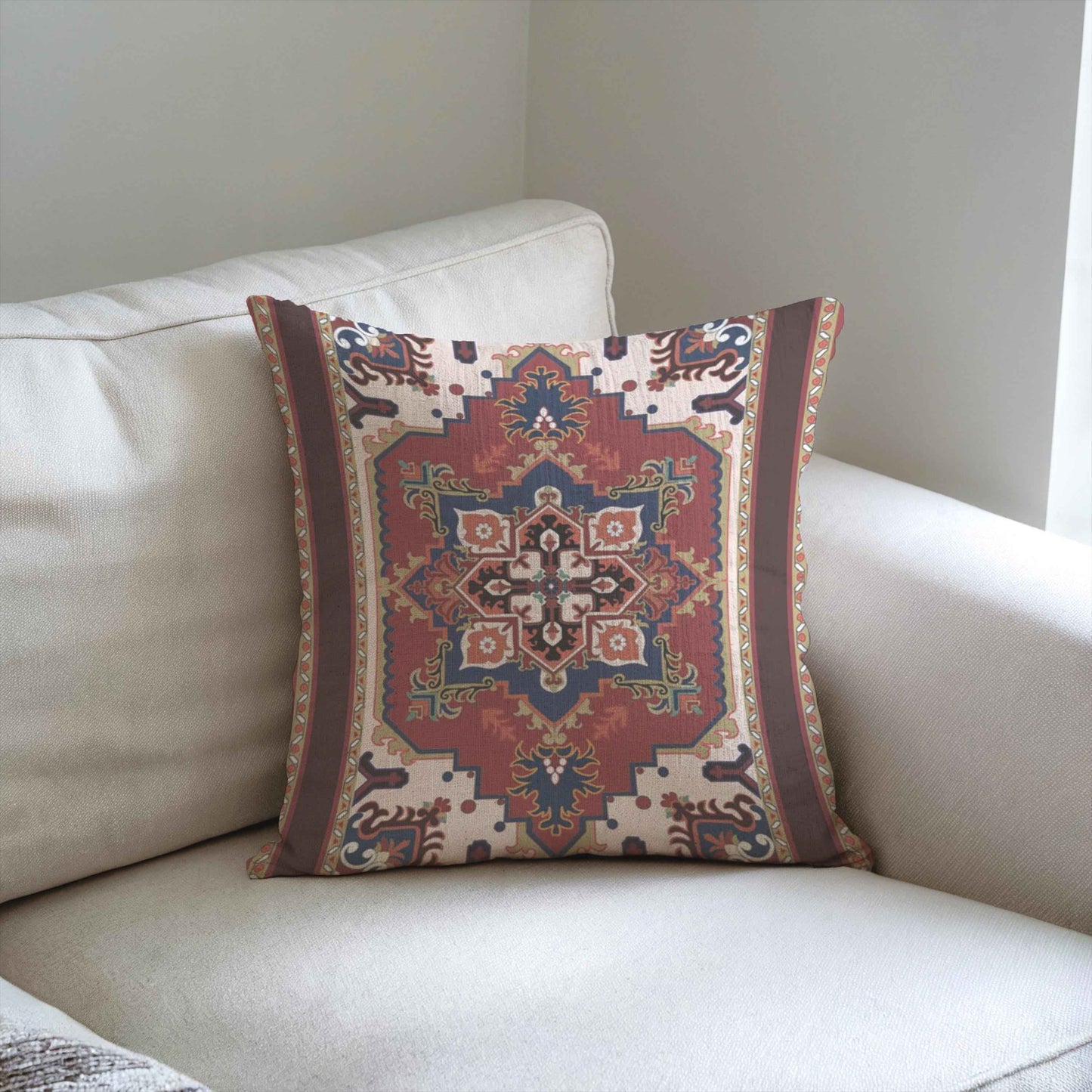 Caucasian Rug Inspired pillow cover with geometric pattern styled on a sofa or bed