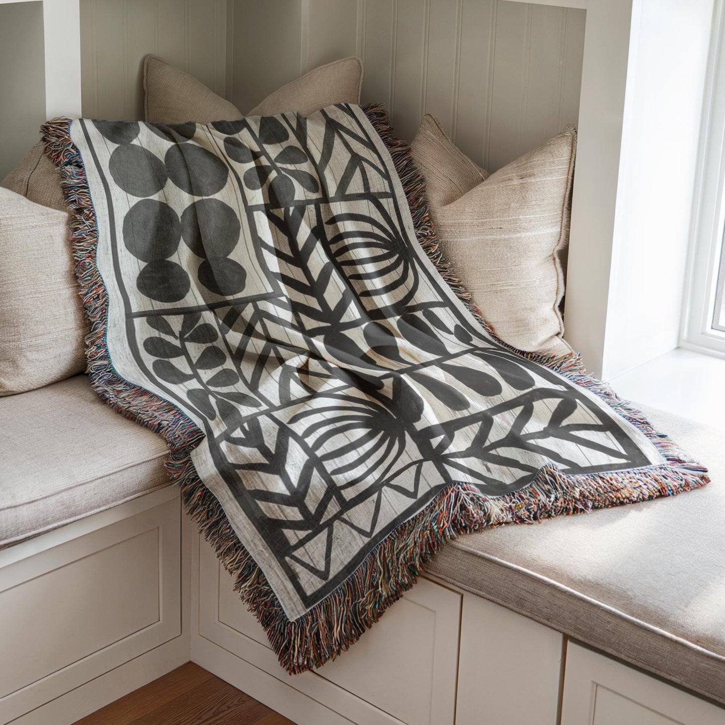 Modern Geometric woven blanket with geometric pattern styled for layered home decor