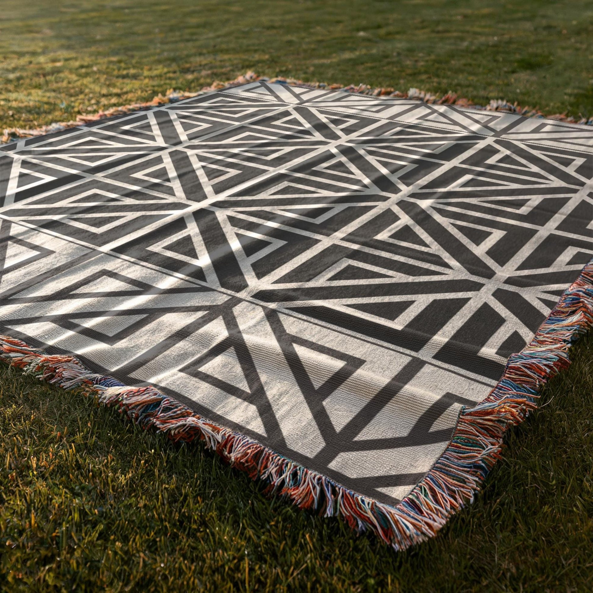 Woven Cotton Blanket - Modern Black White Geometric Pattern Throw With Fringed Edges