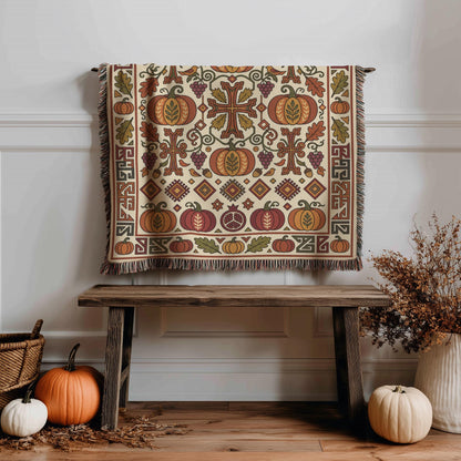 Armenian Ghapama blanket in cream and rust draped over a wooden bench beside pumpkins and dried flowers