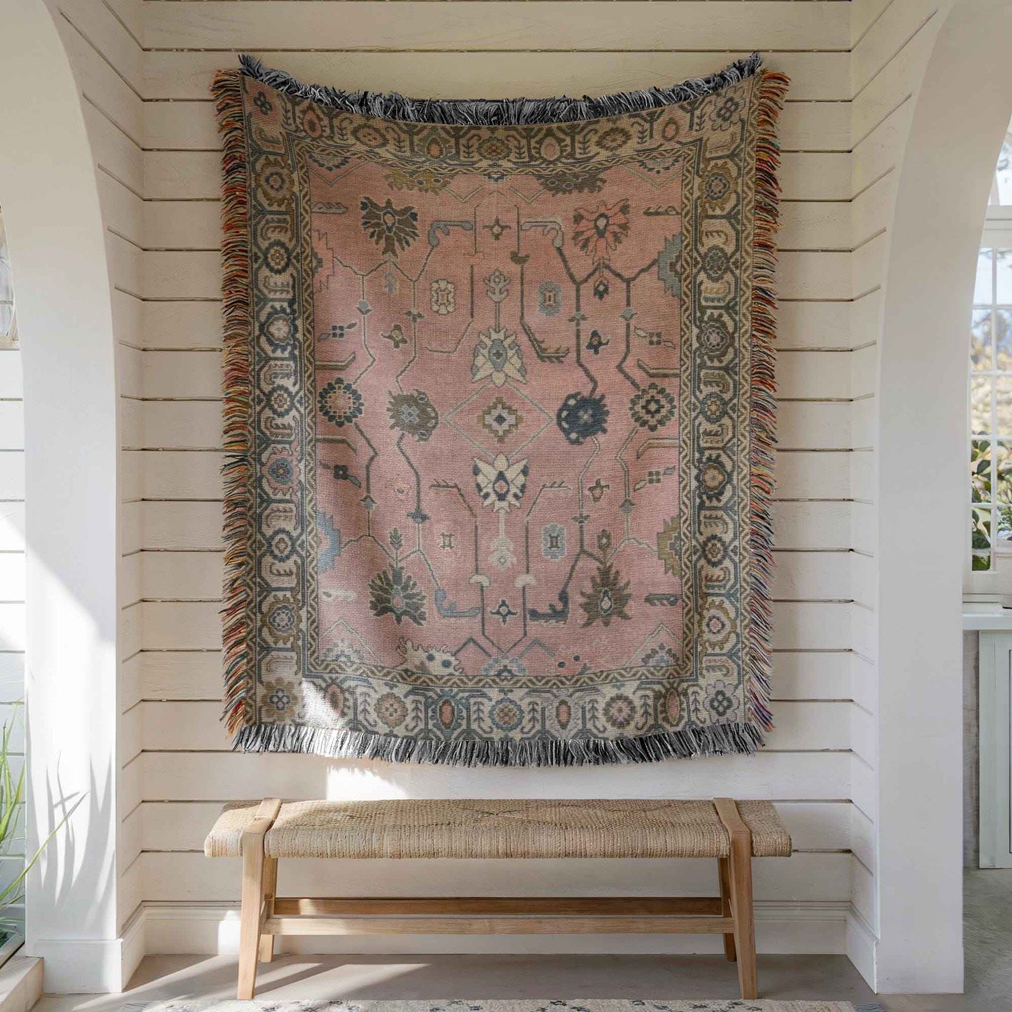 Southwestern woven wall tapestry with geometric pattern styled as textile wall decor