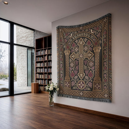 Hayastan khachkar tapestry with doves and columns on a plaster wall beside an arched window and potted plants