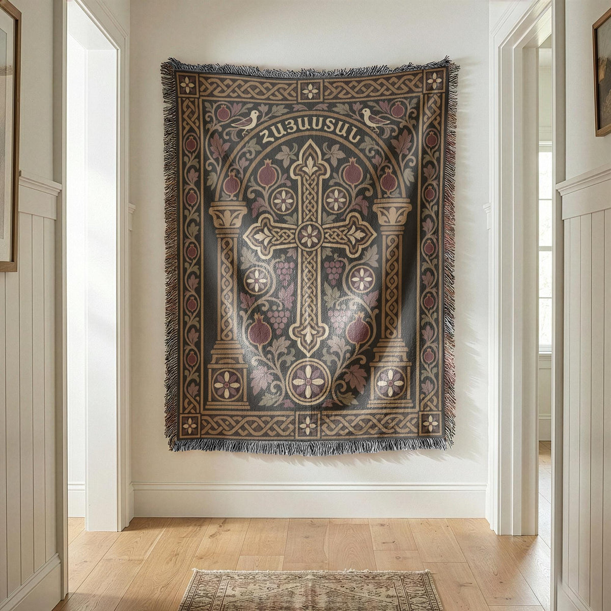 Hayastan khachkar tapestry with doves and columns at the end of a white hallway, fringed edges visible