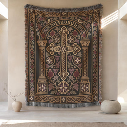 Hayastan khachkar tapestry with doves and columns on a plaster wall between two round stoneware vases