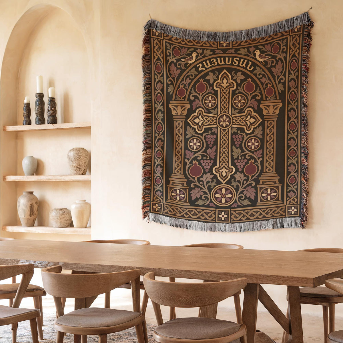Hayastan khachkar tapestry with doves and columns in a plaster niche beside shelves of candles and ceramics