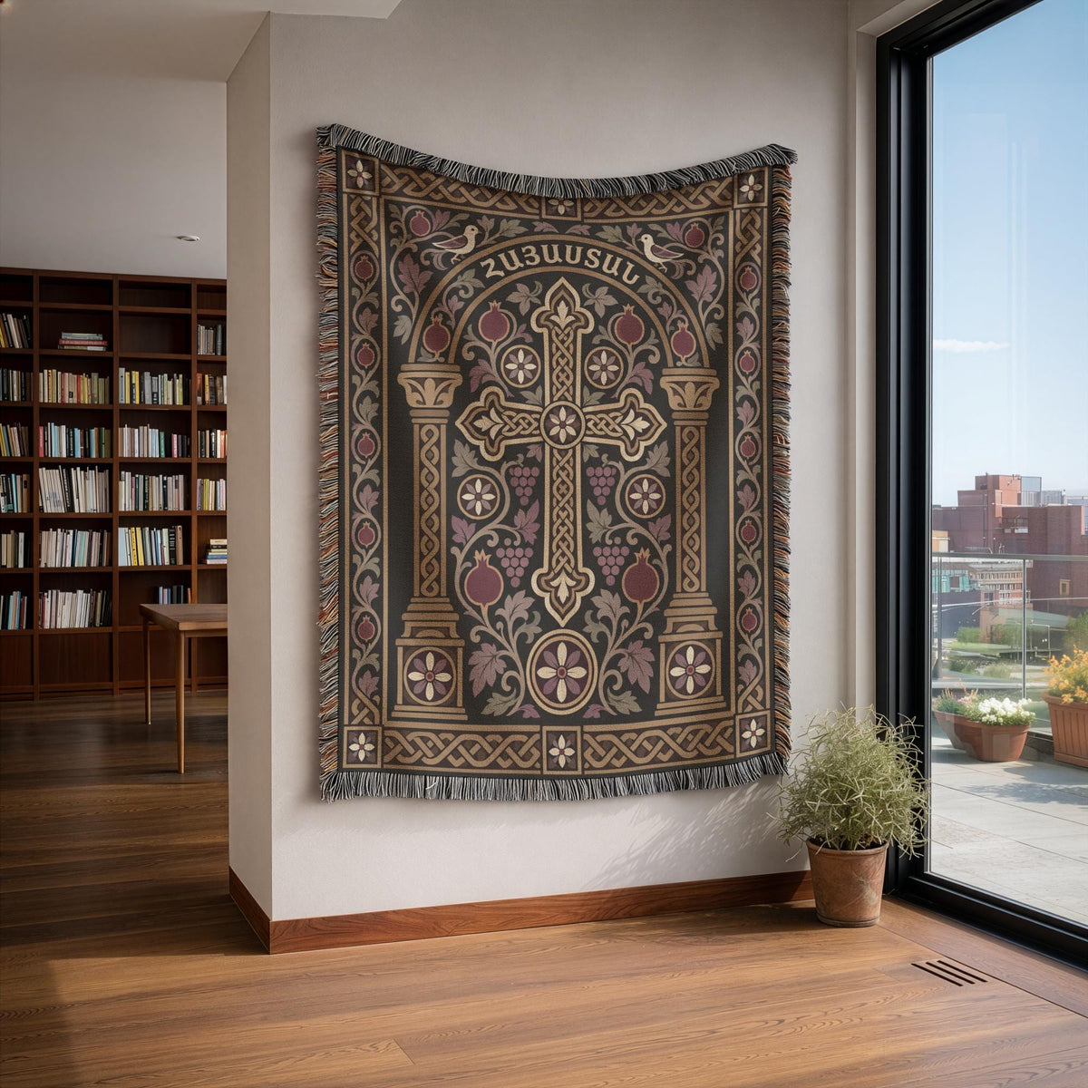 Hayastan khachkar tapestry with doves and columns in a corner room with floor-to-ceiling windows and bookshelves