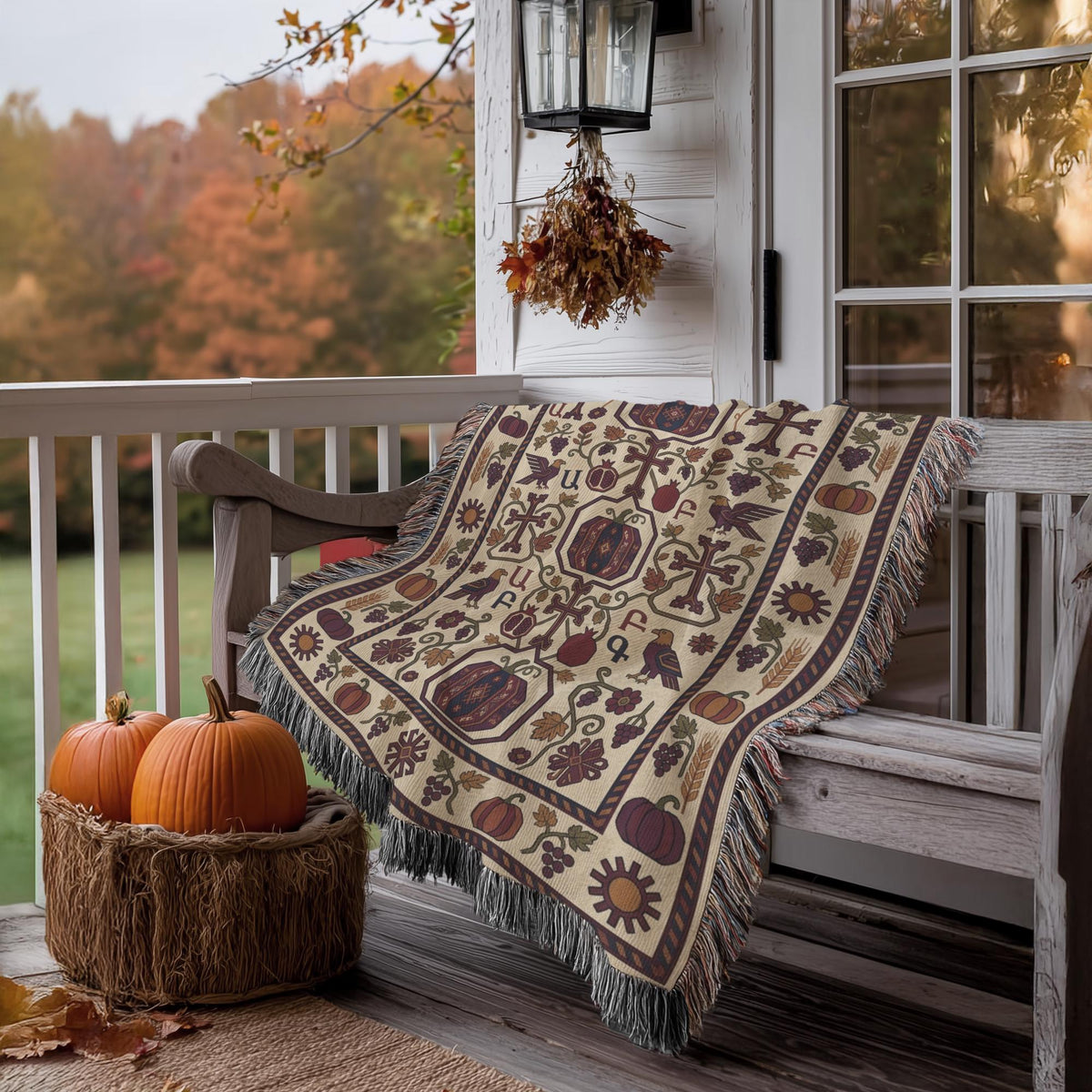 Woven harvest throw over a porch rocking chair with autumn trees and pumpkins behind