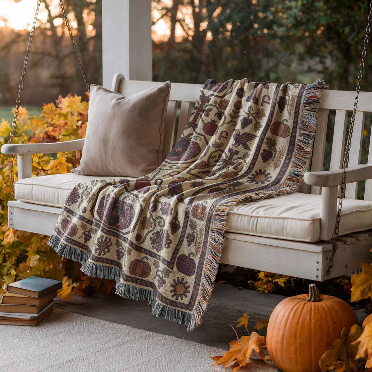 Burgundy and cream Armenian harvest throw draped over a white porch swing among autumn leaves