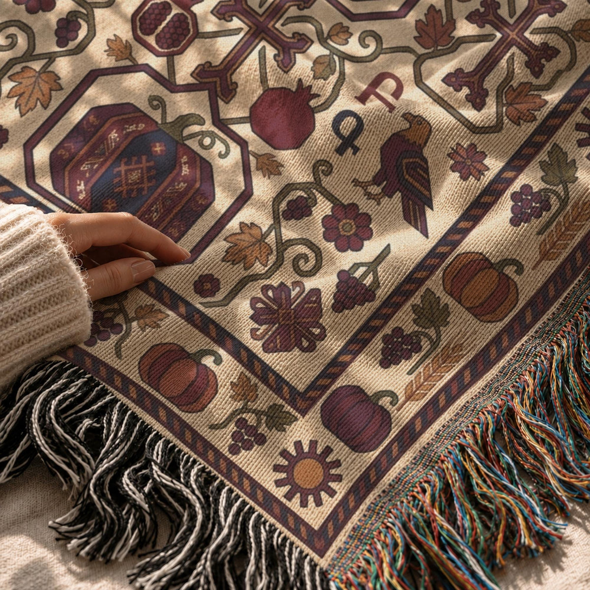 Close view of the weave: pomegranates, a cross, a bird, grape clusters and pumpkins in burgundy