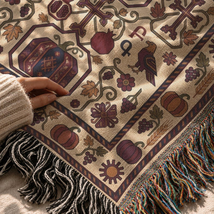 Close view of the weave: pomegranates, a cross, a bird, grape clusters and pumpkins in burgundy