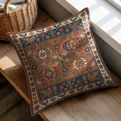 Rust and navy Armenian pumpkin pillow propped on a wooden table beside a wicker basket