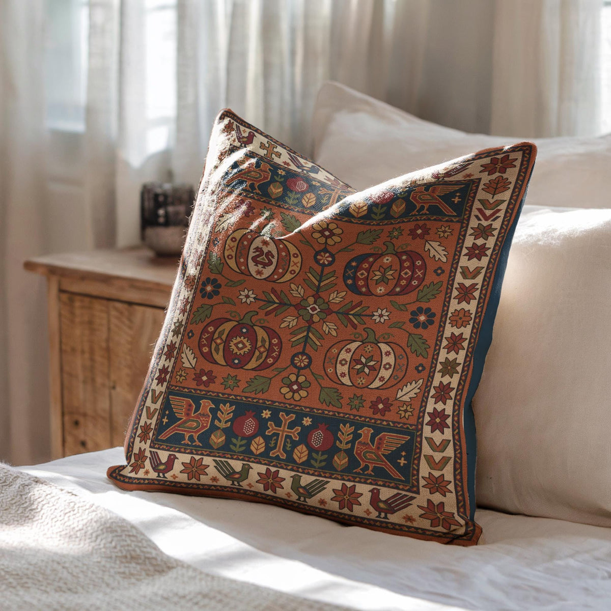 Close view of the rust pumpkin pillow on a cream sofa, navy reverse visible along the edge