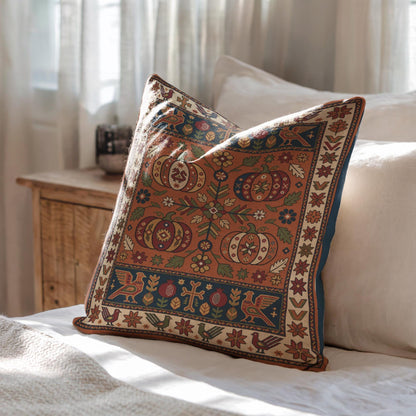Close view of the rust pumpkin pillow on a cream sofa, navy reverse visible along the edge