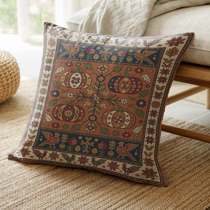 Rust and navy pumpkin pillow resting on a linen sofa above a jute rug