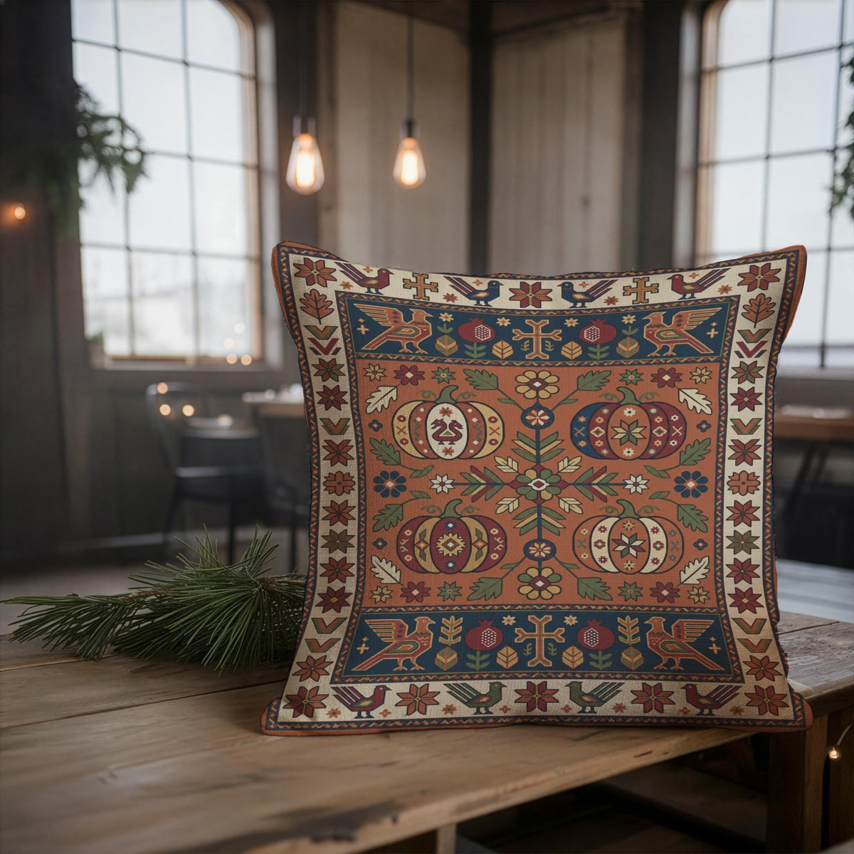Pumpkin pillow on a chair beside tall windows, pendant lights and evergreen sprigs