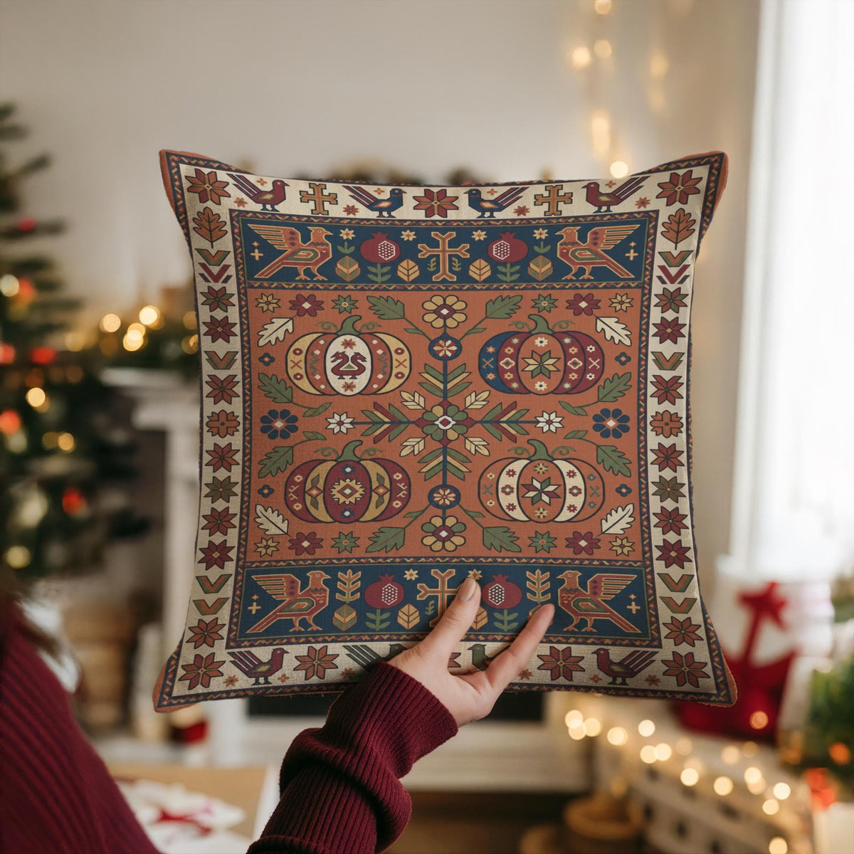 Hands holding the rust and navy pumpkin pillow in front of a lit Christmas tree