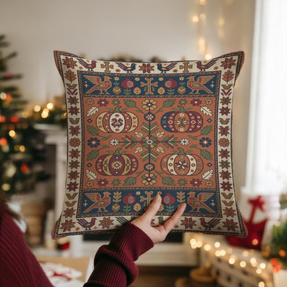 Hands holding the rust and navy pumpkin pillow in front of a lit Christmas tree