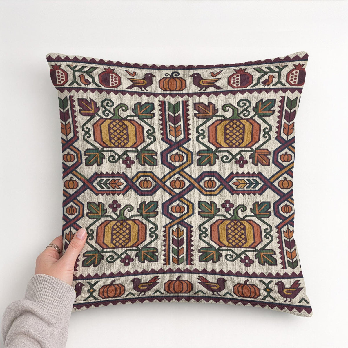 Armenian Ghapama throw pillow in cream and gold, woven pumpkin harvest design