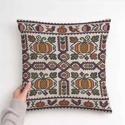 Armenian Ghapama throw pillow in cream and gold, woven pumpkin harvest design