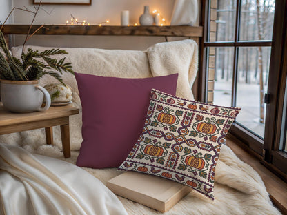 Cream and gold Ghapama pillow shown beside the plain burgundy option on a bench by a window