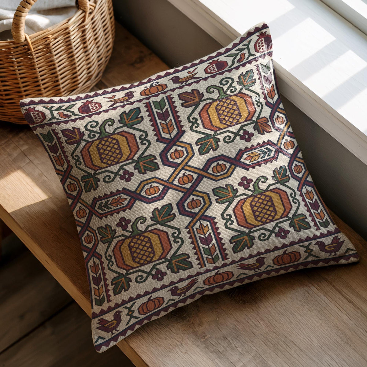 Ghapama pillow on a wooden bench in daylight with a wicker basket behind