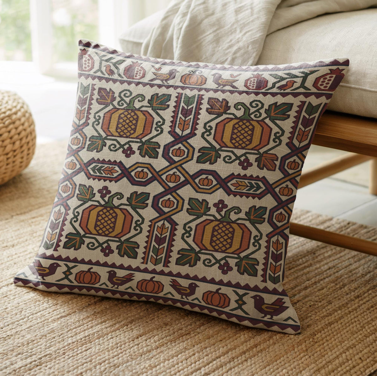 Cream and gold Ghapama pillow on a linen sofa above a jute rug