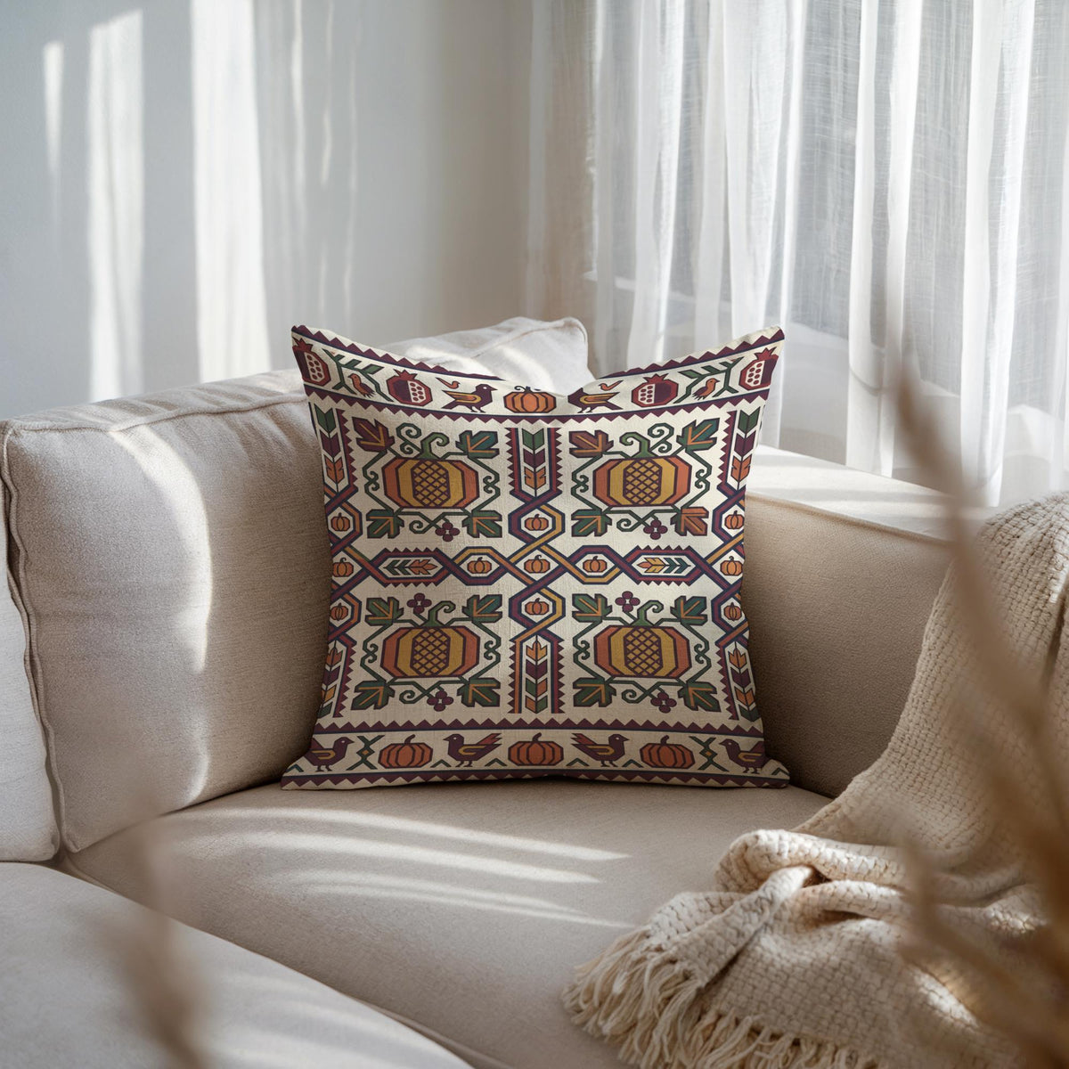 Woven Ghapama pillow centred on a pale sofa with sheer curtains behind