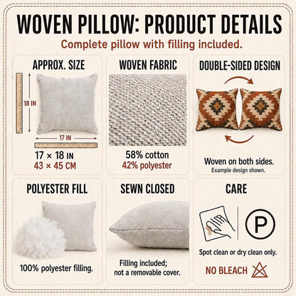 Details card: 17 by 18 inches, 58 percent cotton, double-sided design, polyester fill, do not bleach