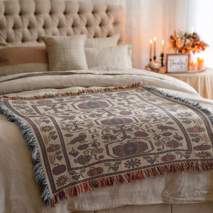 Fringed burgundy and cream woven throw spread across a bed beside candles and autumn flowers
