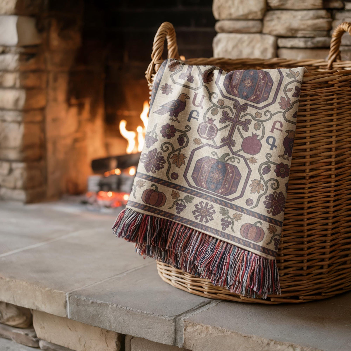 Corner of the woven throw over a wicker basket beside a lit stone fireplace