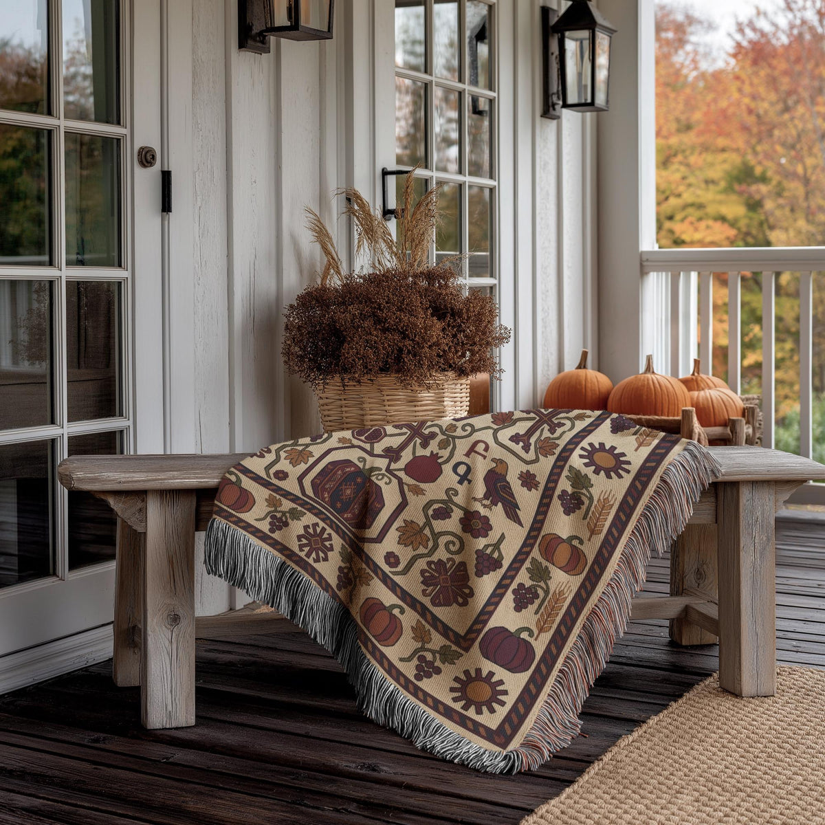 Armenian harvest throw over a porch bench with dried grasses and pumpkins nearby