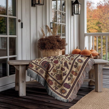 Armenian harvest throw over a porch bench with dried grasses and pumpkins nearby
