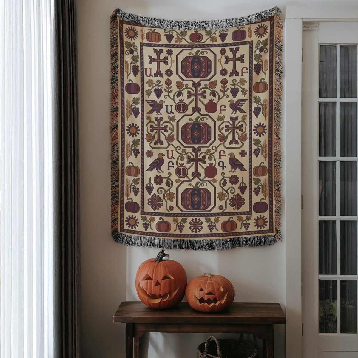 Burgundy and cream woven throw hung flat on a wall between two white doorways