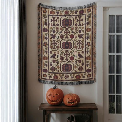 Burgundy and cream woven throw hung flat on a wall between two white doorways