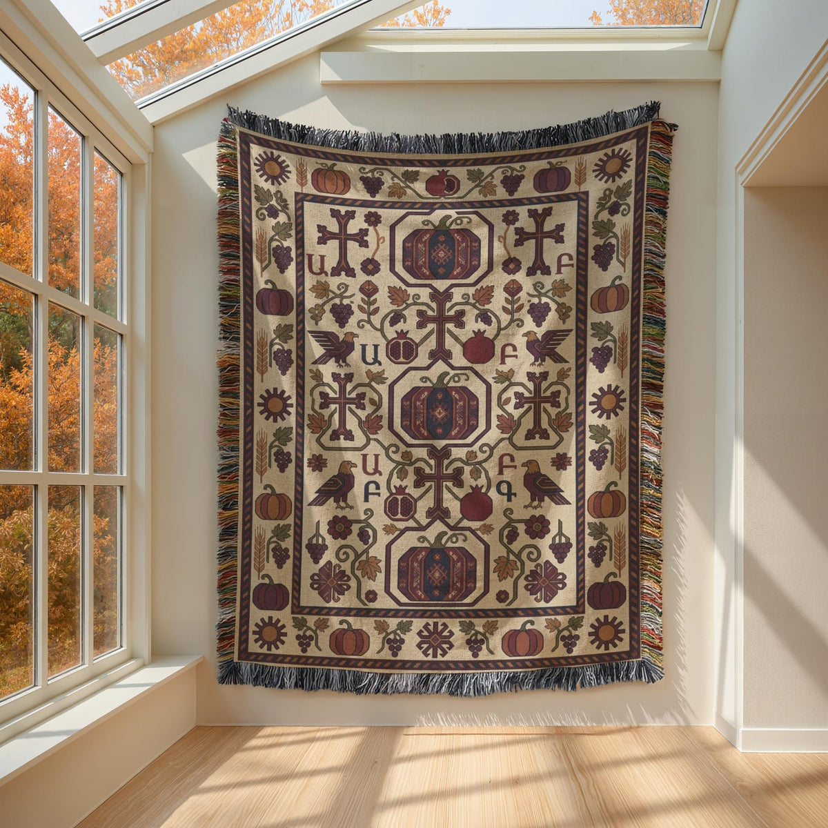 Armenian autumn throw blanket in burgundy and cream, woven Ghapama harvest design